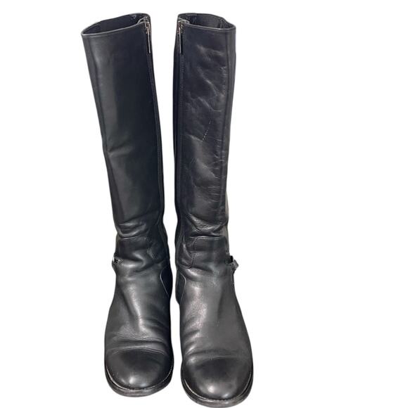 Aquatalia Oralie Black Knee-High Stretch Leather Riding Boots Side Zip Quilted 8 - Picture 2 of 10
